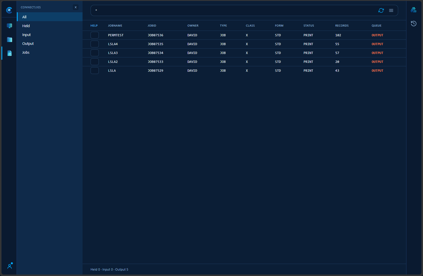 Connect/JES queue viewer showing job queue filters and the active job list